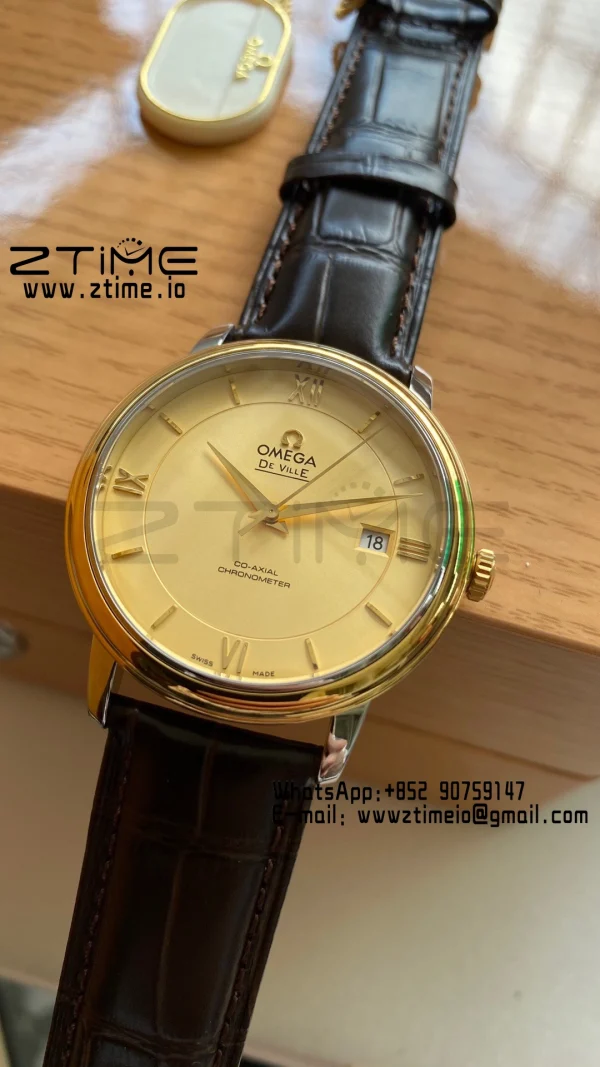OMEGA De Ville Prestige 39.5mm YG/SS A+F 1:1 Best Edition Yeoolw Dial YG Markers on Brown Leather Strap A2500 - Super Clone Watch | 1:1 Best Version