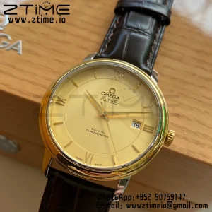 OMEGA De Ville Prestige 39.5mm YG/SS A+F 1:1 Best Edition Yeoolw Dial YG Markers on Brown Leather Strap A2500 - Super Clone Watch | 1:1 Best Version