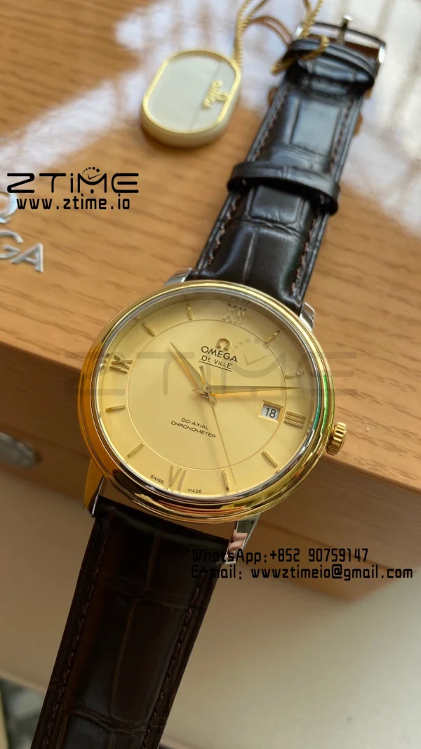 OMEGA De Ville Prestige 39.5mm YG/SS A+F 1:1 Best Edition Yeoolw Dial YG Markers on Brown Leather Strap A2500 - Super Clone Watch | 1:1 Best Version