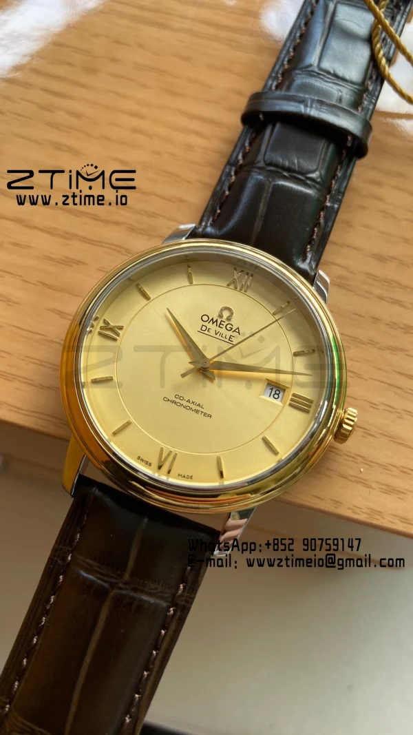 OMEGA De Ville Prestige 39.5mm YG/SS A+F 1:1 Best Edition Yeoolw Dial YG Markers on Brown Leather Strap A2500 - Super Clone Watch | 1:1 Best Version