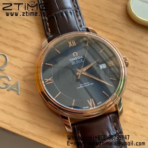 OMEGA De Ville Prestige 39.5mm RG  A+F 1:1 Best Edition Blue Dial RG Markers on Brown Leather Strap A2500 - Super Clone Watch | 1:1 Best Version