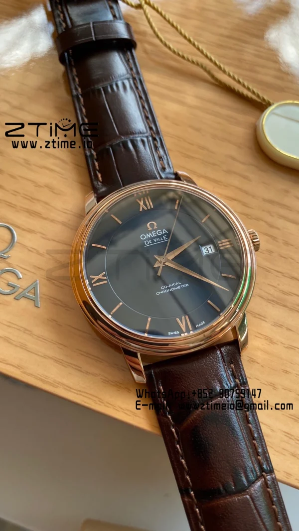 OMEGA De Ville Prestige 39.5mm RG A+F 1:1 Best Edition Μπλε καντράν με δείκτες RG σε καφέ δερμάτινο λουράκι A2500 - Super Clone Watch | 1:1 Best Version