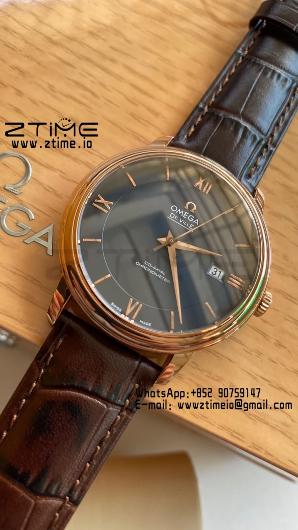 OMEGA De Ville Prestige 39.5mm RG A+F 1:1 Best Edition Μπλε καντράν με δείκτες RG σε καφέ δερμάτινο λουράκι A2500 - Super Clone Watch | 1:1 Best Version
