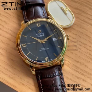 OMEGA De Ville Prestige 39.5mm YG/SS A+F 1:1 Best Edition Μπλε καντράν YG Markers σε καφέ δερμάτινο λουράκι A2500 - Super Clone Watch | 1:1 Best Version