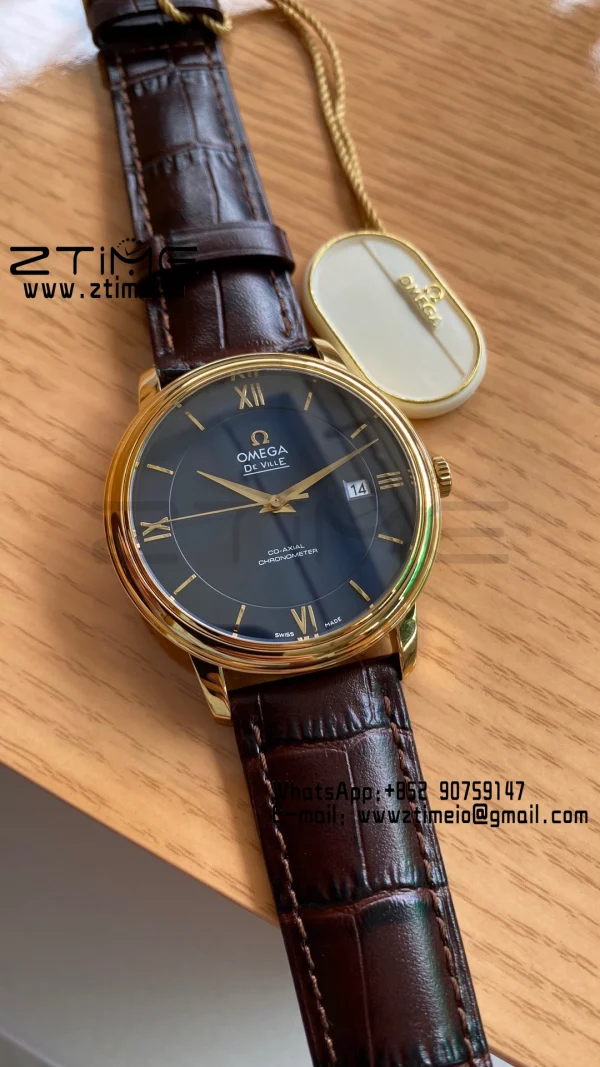 OMEGA De Ville Prestige 39.5mm YG/SS A+F 1:1 Best Edition Μπλε καντράν YG Markers σε καφέ δερμάτινο λουράκι A2500 - Super Clone Watch | 1:1 Best Version