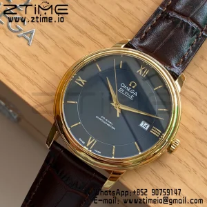 OMEGA De Ville Prestige 39.5mm YG/SS A+F 1:1 Best Edition Blue Dial YG Markers on Brown Leather Strap A2500 - Super Clone Watch | 1:1 Best Version