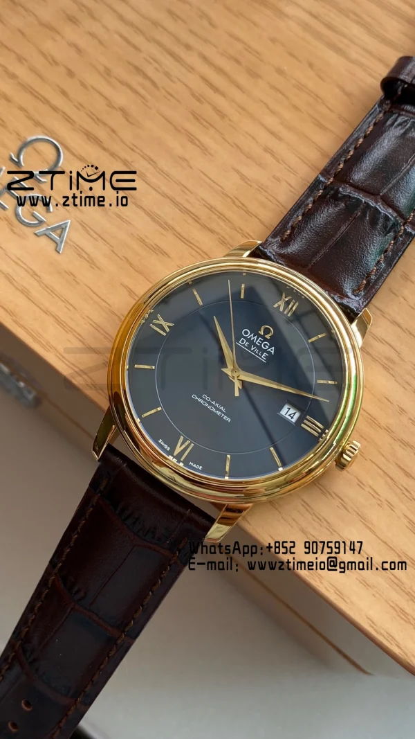 OMEGA De Ville Prestige 39.5mm YG/SS A+F 1:1 Best Edition Μπλε καντράν YG Markers σε καφέ δερμάτινο λουράκι A2500 - Super Clone Watch | 1:1 Best Version