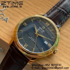 OMEGA De Ville Prestige 39.5mm YG/SS A+F 1:1 Best Edition Μπλε καντράν YG Markers σε καφέ δερμάτινο λουράκι A2500 - Super Clone Watch | 1:1 Best Version