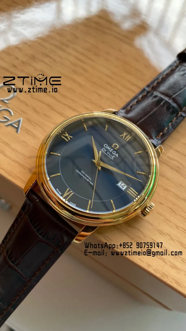 OMEGA De Ville Prestige 39.5mm YG/SS A+F 1:1 Best Edition Μπλε καντράν YG Markers σε καφέ δερμάτινο λουράκι A2500 - Super Clone Watch | 1:1 Best Version