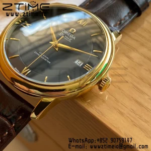 OMEGA De Ville Prestige 39.5mm YG/SS A+F 1:1 Best Edition Μπλε καντράν YG Markers σε καφέ δερμάτινο λουράκι A2500 - Super Clone Watch | 1:1 Best Version
