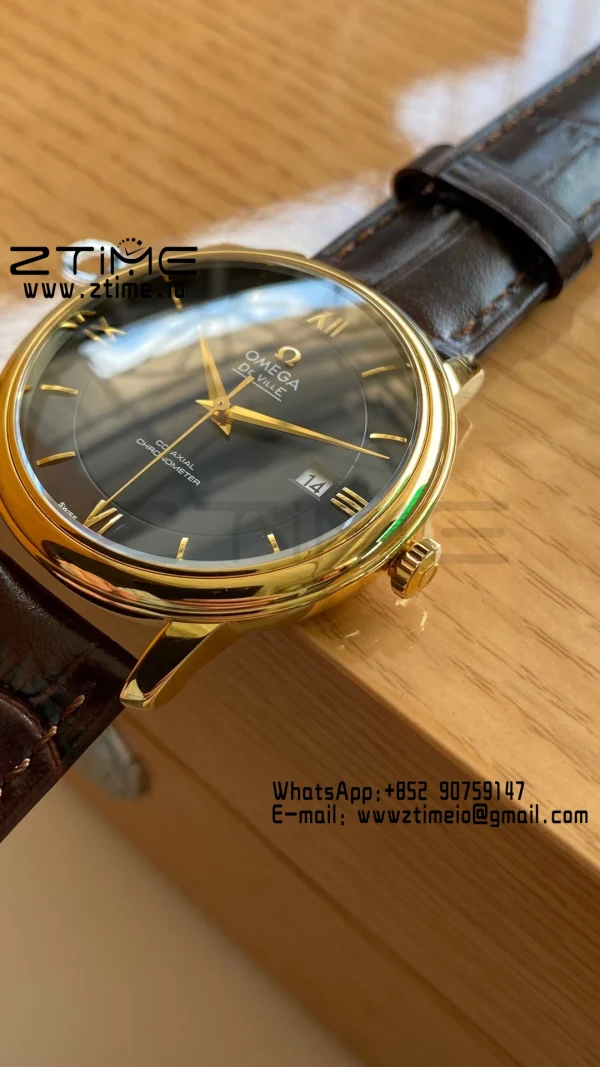 OMEGA De Ville Prestige 39.5mm YG/SS A+F 1:1 Best Edition Μπλε καντράν YG Markers σε καφέ δερμάτινο λουράκι A2500 - Super Clone Watch | 1:1 Best Version