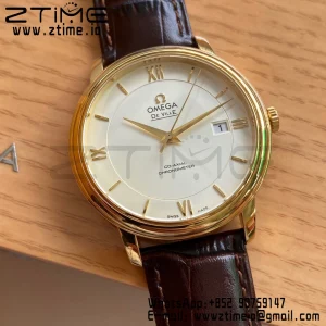 OMEGA De Ville Prestige 39.5mm YG  A+F 1:1 Best Edition Wite Dial YG Markers on Brown Leather Strap A2500 - Super Clone Watch | 1:1 Best Version