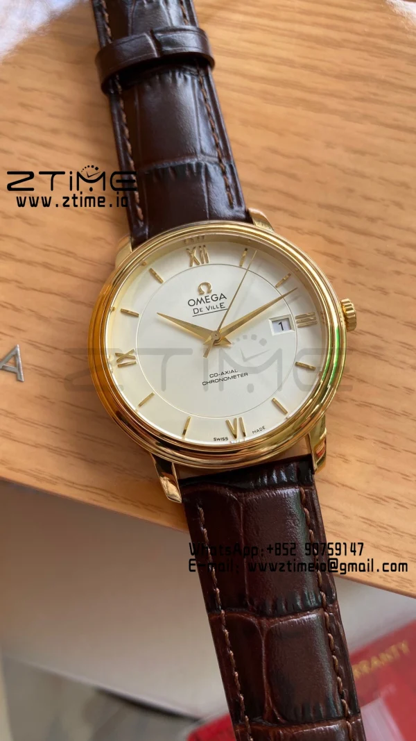 OMEGA De Ville Prestige 39.5mm YG  A+F 1:1 Best Edition Wite Dial YG Markers on Brown Leather Strap A2500 - Super Clone Watch | 1:1 Best Version