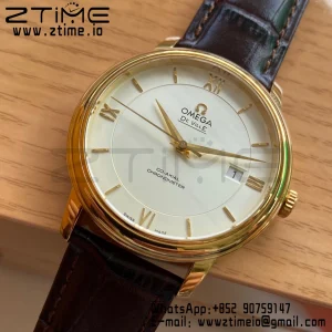 OMEGA De Ville Prestige 39.5mm YG  A+F 1:1 Best Edition Wite Dial YG Markers on Brown Leather Strap A2500 - Super Clone Watch | 1:1 Best Version