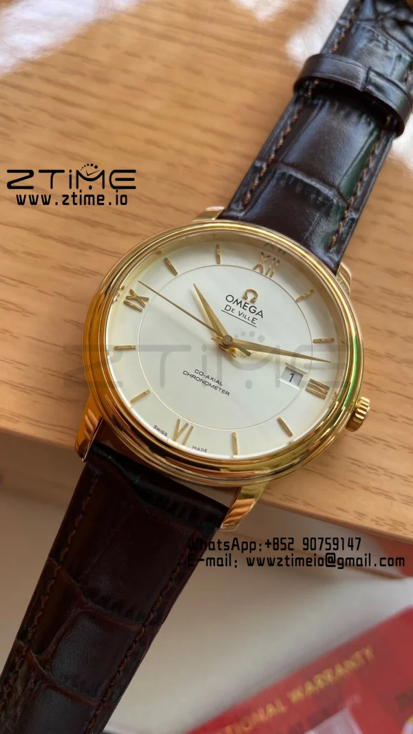 OMEGA De Ville Prestige 39.5mm YG  A+F 1:1 Best Edition Wite Dial YG Markers on Brown Leather Strap A2500 - Super Clone Watch | 1:1 Best Version