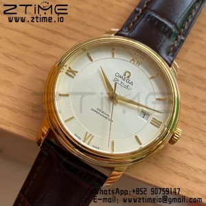 OMEGA De Ville Prestige 39.5mm YG  A+F 1:1 Best Edition Wite Dial YG Markers on Brown Leather Strap A2500 - Super Clone Watch | 1:1 Best Version