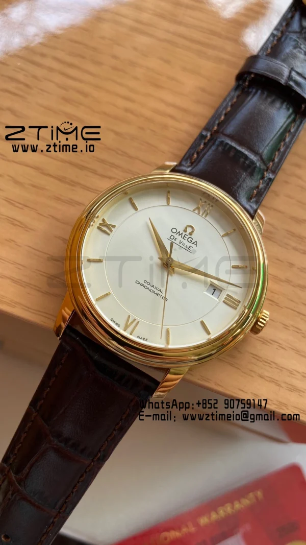 OMEGA De Ville Prestige 39.5mm YG  A+F 1:1 Best Edition Wite Dial YG Markers on Brown Leather Strap A2500 - Super Clone Watch | 1:1 Best Version