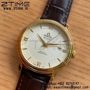 OMEGA De Ville Prestige 39.5mm YG  A+F 1:1 Best Edition Wite Dial YG Markers on Brown Leather Strap A2500 - Super Clone Watch | 1:1 Best Version