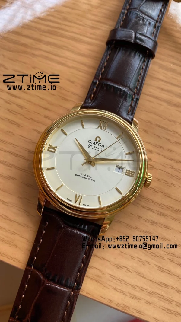 OMEGA De Ville Prestige 39.5mm YG  A+F 1:1 Best Edition Wite Dial YG Markers on Brown Leather Strap A2500 - Super Clone Watch | 1:1 Best Version