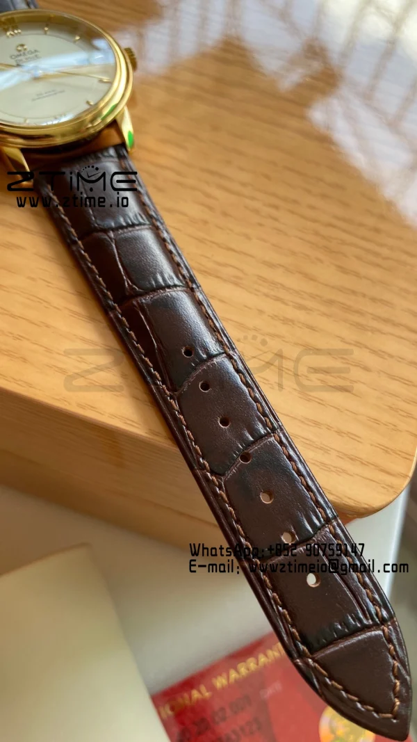 OMEGA De Ville Prestige 39.5mm YG  A+F 1:1 Best Edition Wite Dial YG Markers on Brown Leather Strap A2500 - Super Clone Watch | 1:1 Best Version