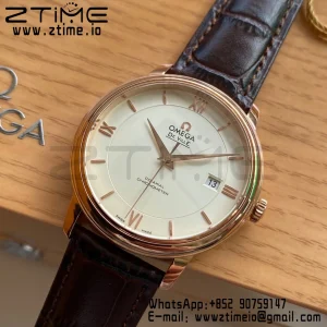 OMEGA De Ville Prestige 39.5mm RG  A+F 1:1 Best Edition Wite Dial RG Markers on Brown Leather Strap A2500 - Super Clone Watch | 1:1 Best Version