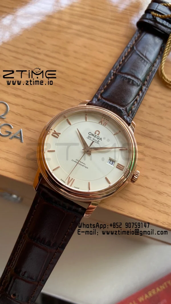 OMEGA De Ville Prestige 39.5mm RG  A+F 1:1 Best Edition Wite Dial RG Markers on Brown Leather Strap A2500 - Super Clone Watch | 1:1 Best Version