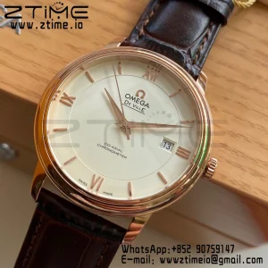 OMEGA De Ville Prestige 39.5mm RG  A+F 1:1 Best Edition Wite Dial RG Markers on Brown Leather Strap A2500 - Super Clone Watch | 1:1 Best Version