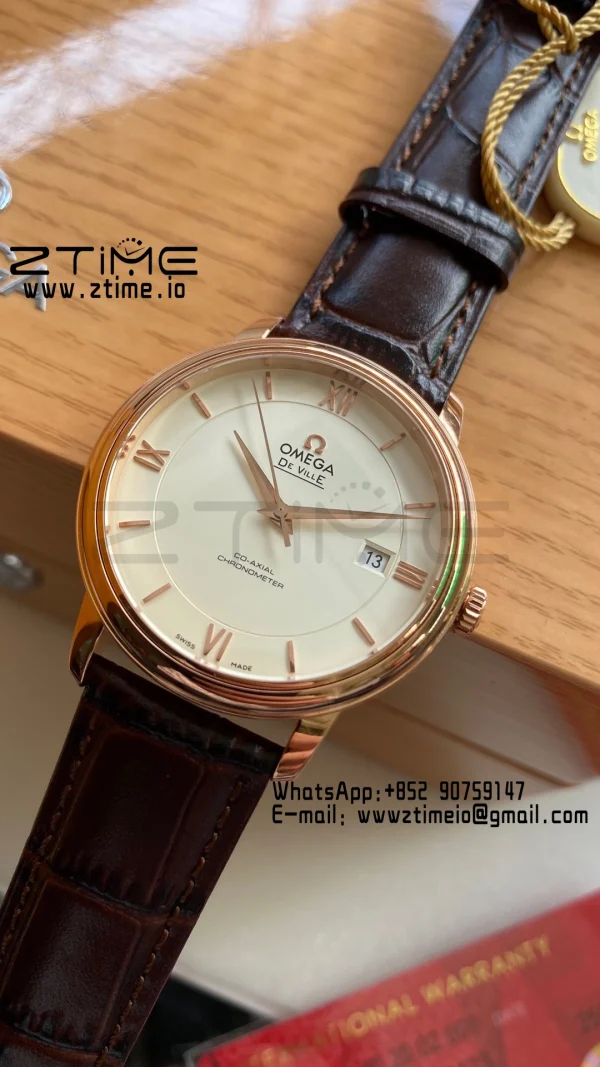 OMEGA De Ville Prestige 39.5mm RG  A+F 1:1 Best Edition Wite Dial RG Markers on Brown Leather Strap A2500 - Super Clone Watch | 1:1 Best Version