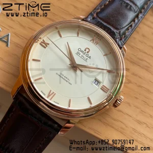 OMEGA De Ville Prestige 39.5mm RG  A+F 1:1 Best Edition Wite Dial RG Markers on Brown Leather Strap A2500 - Super Clone Watch | 1:1 Best Version