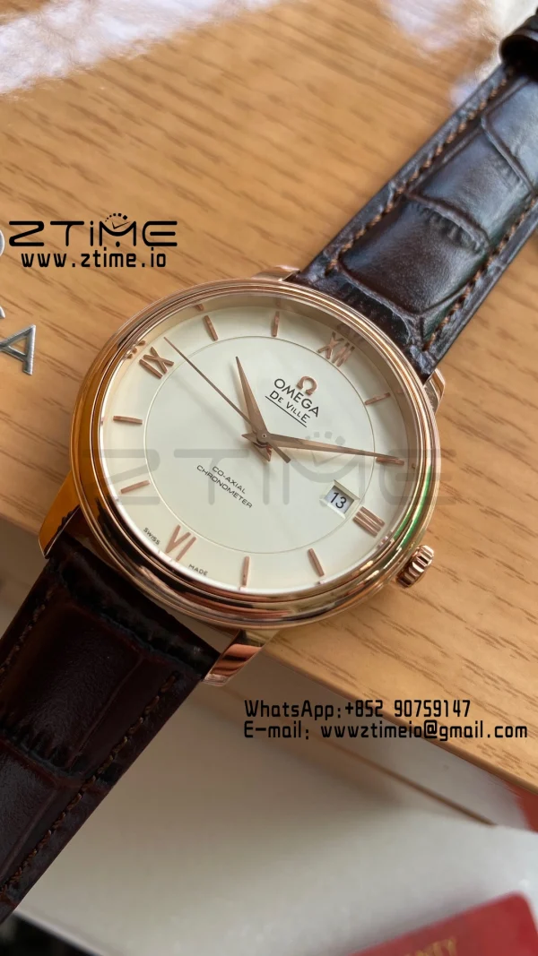 OMEGA De Ville Prestige 39.5mm RG  A+F 1:1 Best Edition Wite Dial RG Markers on Brown Leather Strap A2500 - Super Clone Watch | 1:1 Best Version