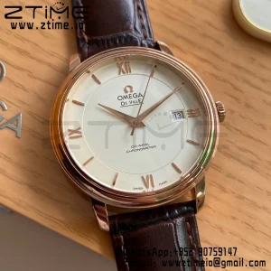 OMEGA De Ville Prestige 39.5mm RG  A+F 1:1 Best Edition Wite Dial RG Markers on Brown Leather Strap A2500 - Super Clone Watch | 1:1 Best Version