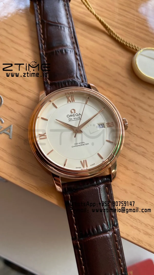 OMEGA De Ville Prestige 39.5mm RG  A+F 1:1 Best Edition Wite Dial RG Markers on Brown Leather Strap A2500 - Super Clone Watch | 1:1 Best Version
