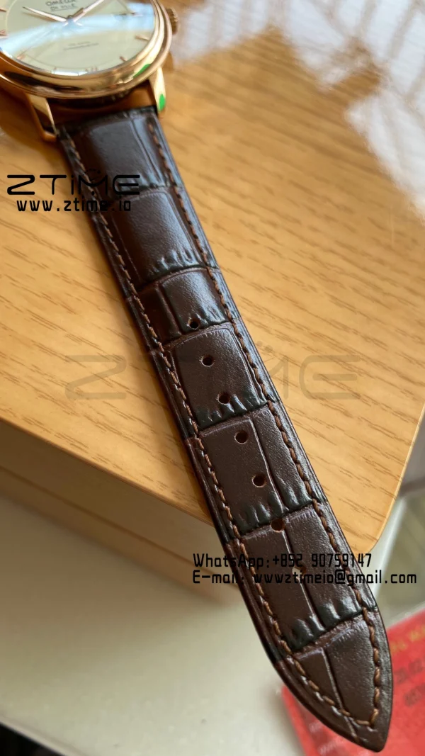OMEGA De Ville Prestige 39.5mm RG  A+F 1:1 Best Edition Wite Dial RG Markers on Brown Leather Strap A2500 - Super Clone Watch | 1:1 Best Version