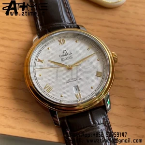 OMEGA De Ville Prestige 39.5mm YG/SS A+F 1:1 Best Edition White Diamond-shaped Dial YG Markers on Black Leather Strap A2500 - Super Clone Watch | 1:1 Best Version