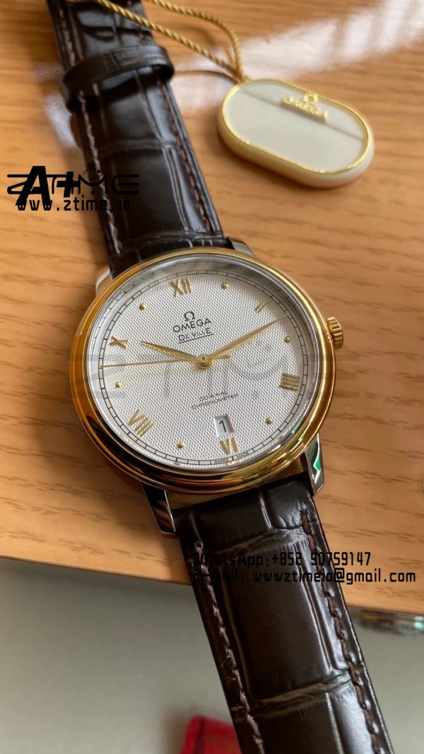 OMEGA De Ville Prestige 39.5mm YG/SS A+F 1:1 Best Edition White Diamond-shaped Dial YG Markers on Black Leather Strap A2500 - Super Clone Watch | 1:1 Best Version
