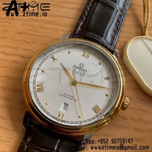 OMEGA De Ville Prestige 39.5mm YG/SS A+F 1:1 Best Edition White Diamond-shaped Dial YG Markers on Black Leather Strap A2500 - Super Clone Watch | 1:1 Best Version