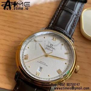 OMEGA De Ville Prestige 39.5mm YG/SS A+F 1:1 Best Edition White Diamond-shaped Dial YG Markers on Black Leather Strap A2500 - Super Clone Watch | 1:1 Best Version