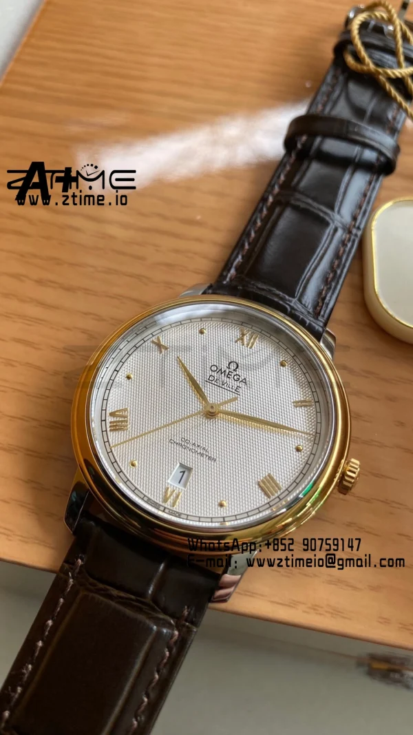 OMEGA De Ville Prestige 39.5mm YG/SS A+F 1:1 Best Edition White Diamond-shaped Dial YG Markers on Black Leather Strap A2500 - Super Clone Watch | 1:1 Best Version