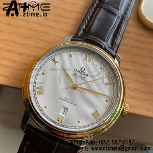 OMEGA De Ville Prestige 39.5mm YG/SS A+F 1:1 Best Edition White Diamond-shaped Dial YG Markers on Black Leather Strap A2500 - Super Clone Watch | 1:1 Best Version