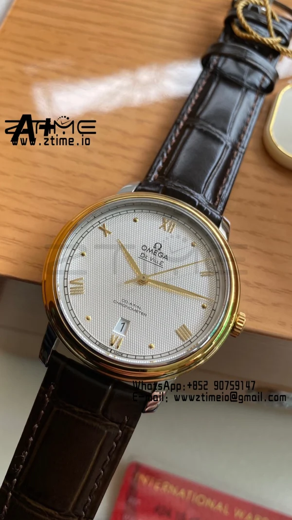OMEGA De Ville Prestige 39.5mm YG/SS A+F 1:1 Best Edition White Diamond-shaped Dial YG Markers on Black Leather Strap A2500 - Super Clone Watch | 1:1 Best Version