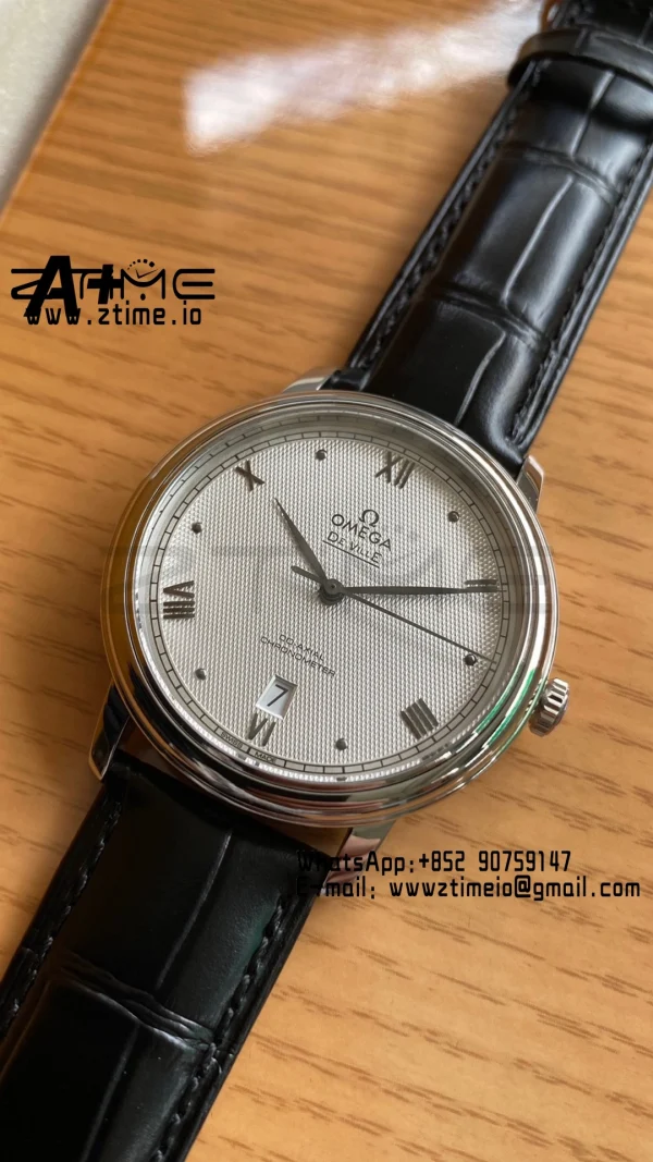 オメガ デ・ヴィル プレステージ 39.5mm SS A+F 1:1 ベスト・エディション ホワイトダイヤモンド ダイアル シルバーマーカー ブラックレザーストラップ A2500 - スーパークローンウォッチ｜1:1 ベスト・バージョン
