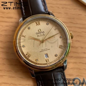 OMEGA De Ville Prestige 39.5mm YG/SS A+F 1:1 Best Edition Yellow Granular Dial YG Markers on Black Leather Strap A2500 - Super Clone Watch | 1:1 Best Version