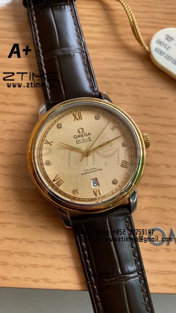 OMEGA De Ville Prestige 39.5mm YG/SS A+F 1:1 Best Edition Yellow Granular Dial YG Markers on Black Leather Strap A2500 - Super Clone Watch | 1:1 Best Version