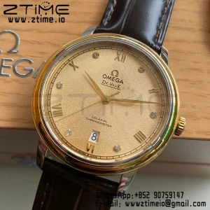 OMEGA De Ville Prestige 39.5mm YG/SS A+F 1:1 Best Edition Yellow Granular Dial YG Markers on Black Leather Strap A2500 - Super Clone Watch | 1:1 Best Version