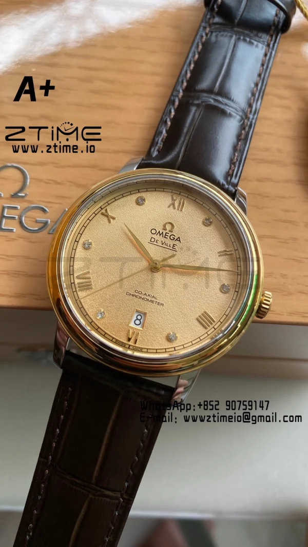 OMEGA De Ville Prestige 39.5mm YG/SS A+F 1:1 Best Edition Yellow Granular Dial YG Markers on Black Leather Strap A2500 - Super Clone Watch | 1:1 Best Version