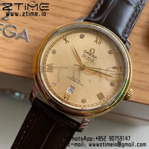 OMEGA De Ville Prestige 39.5mm YG/SS A+F 1:1 Best Edition Yellow Granular Dial YG Markers on Black Leather Strap A2500 - Super Clone Watch | 1:1 Best Version