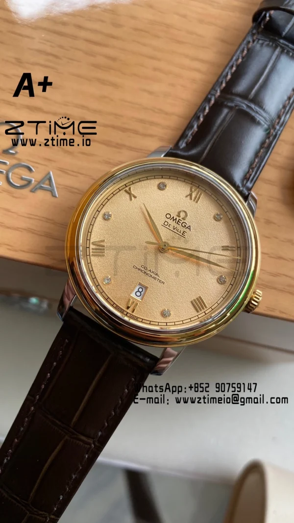 OMEGA De Ville Prestige 39.5mm YG/SS A+F 1:1 Best Edition Yellow Granular Dial YG Markers on Black Leather Strap A2500 - Super Clone Watch | 1:1 Best Version