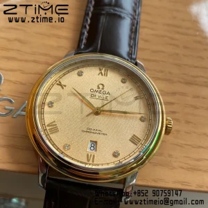OMEGA De Ville Prestige 39.5mm YG/SS A+F 1:1 Best Edition Yellow Granular Dial YG Markers on Black Leather Strap A2500 - Super Clone Watch | 1:1 Best Version