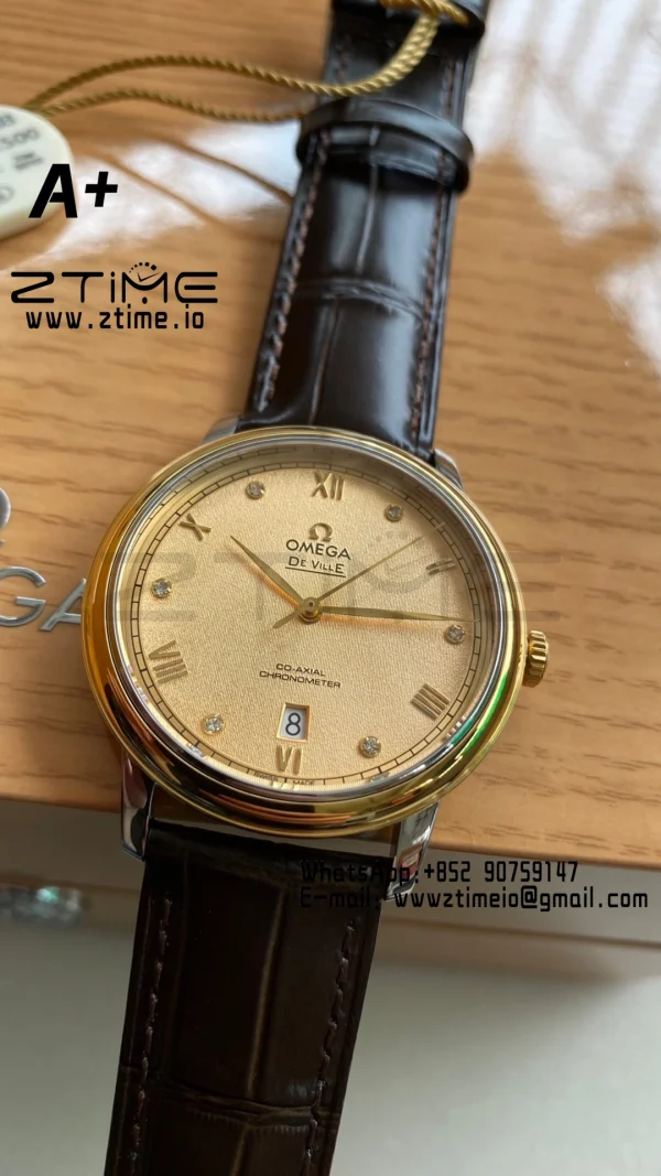 OMEGA De Ville Prestige 39.5mm YG/SS A+F 1:1 Best Edition Yellow Granular Dial YG Markers on Black Leather Strap A2500 - Super Clone Watch | 1:1 Best Version