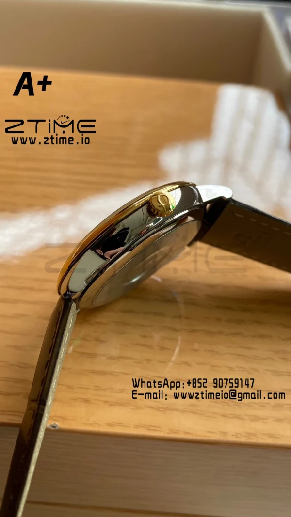 OMEGA De Ville Prestige 39.5mm YG/SS A+F 1:1 Best Edition Yellow Granular Dial YG Markers on Black Leather Strap A2500 - Super Clone Watch | 1:1 Best Version